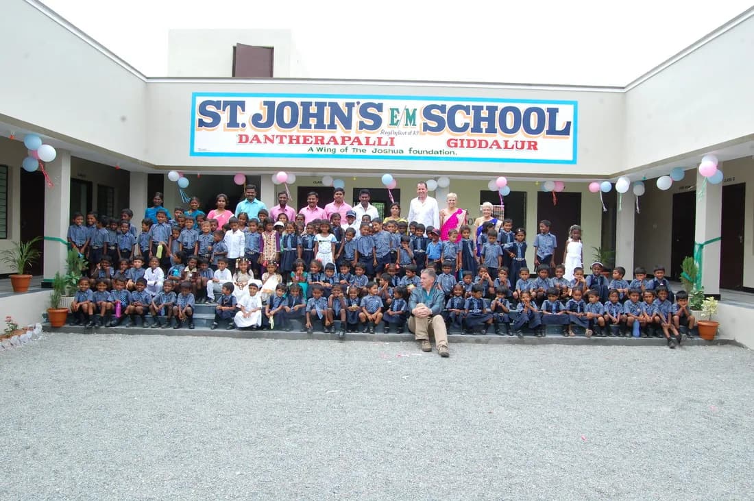 The new St. John's School building, Dantherapalli, with staff, students and visitors