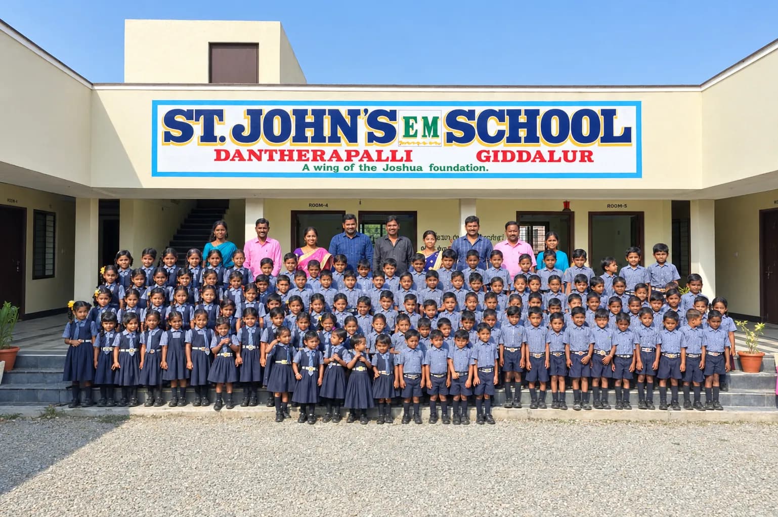 St. John's School students, staff and the school building