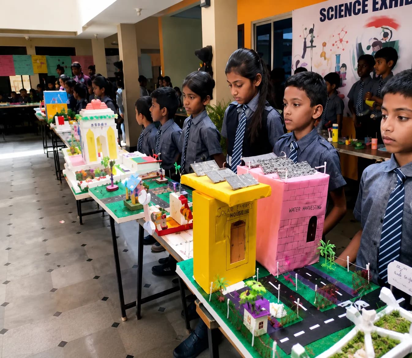 Students presenting their science exhibition project models